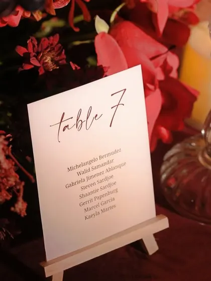 A custom table number on a miniature easel, a small but elegant detail that contributes to the bespoke feel of the event.