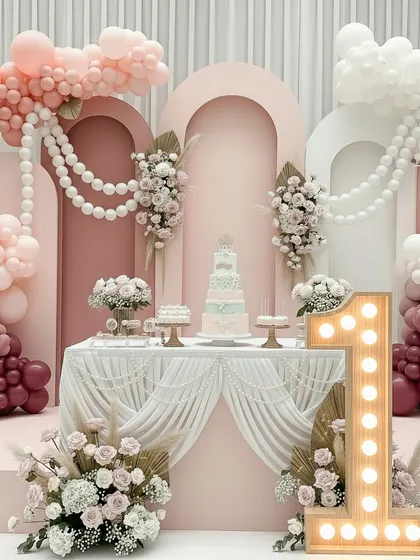 This is a full view of the pastel and pearl stage setup, featuring a tiered cake on a draped table. The scene is framed by balloon clouds, pearl garlands, and a large, illuminated number '1', making it a perfect backdrop for a first birthday cake-cutting ceremony.