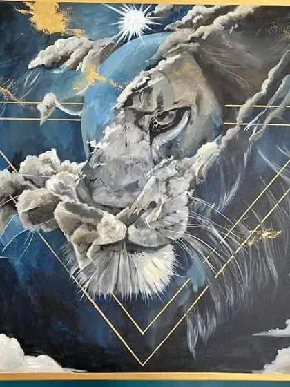 Another detailed shot of the lion's face, where the clouds and mane seem to merge. The geometric gold lines add a modern, symbolic layer to this powerful animal portrait.