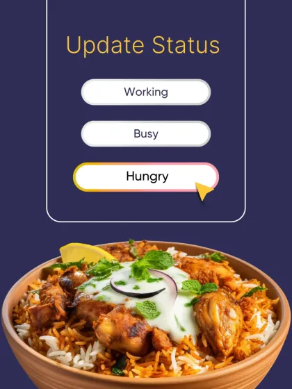 What's your current status? If it's hungry, a bowl of delicious, home-cooked Chicken Biryani is the perfect update. Made with aromatic rice and tender chicken, it's a meal that satisfies every craving.