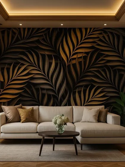 This wallpaper features a pattern of stylized golden palm leaves on a dark background, creating a sophisticated and modern tropical look.