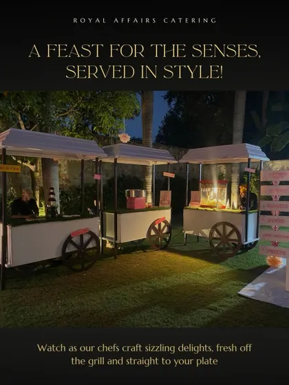 I bring the excitement of live cooking to your events. This setup shows multiple live food stations, including a popcorn cart, creating an interactive and engaging atmosphere for guests at an outdoor corporate party.