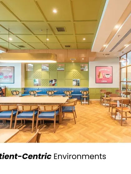 This cafeteria space is an example of a patient-centric environment. Biophilic elements, natural lighting, and calming interiors are becoming standard in our designs to enhance recovery and create a positive care experience.