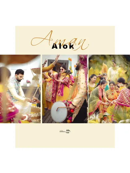 A collage from Aman and Alok's Haldi ceremony. It captures the traditional rituals and the fun, festive atmosphere with dhol players and dancing.