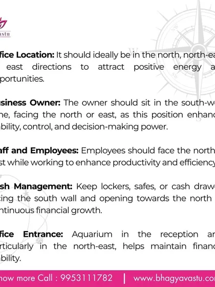 This guide provides specific Vastu tips for business growth. It covers the ideal location for the owner and staff, cash management practices like keeping the locker facing North, and using an aquarium at the entrance for financial stability.