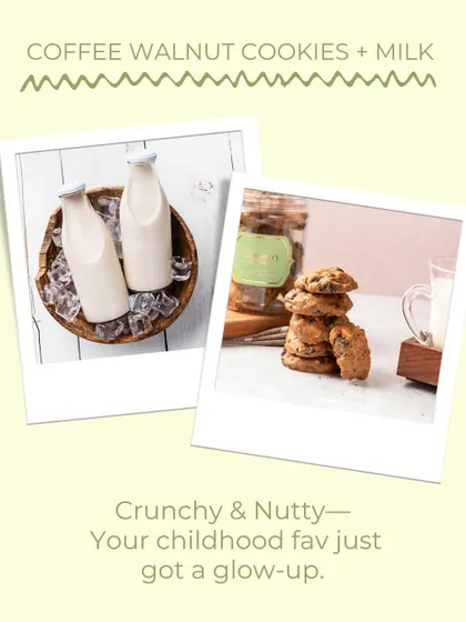 A nostalgic pairing of my crunchy and nutty Coffee Walnut Cookies with a bottle of milk. It’s a childhood favourite that has received a wholesome glow-up.