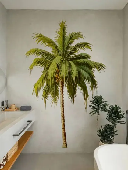 This bathroom becomes a serene retreat with our Bohemian Palm Tree wall sticker. The design adds a touch of nature and tranquility to the space.