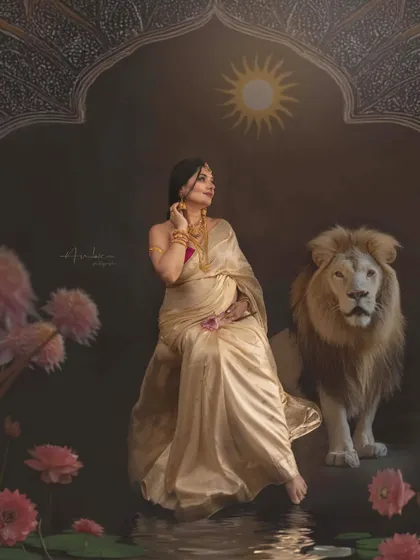 An ethereal vision of motherhood, this conceptual portrait uses a palette of whites and golds to create a serene, dreamlike quality. The white lion symbolizes a gentle yet powerful spirit, reflecting the goddess-like aura of an expecting mother in this unique painterly photo.