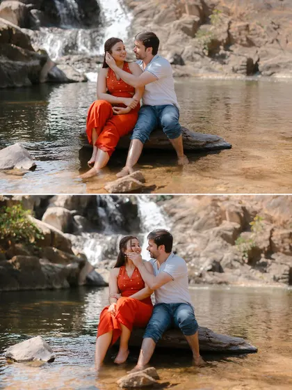 A diptych showing playful and tender interactions between the couple as they sit by a waterfall.