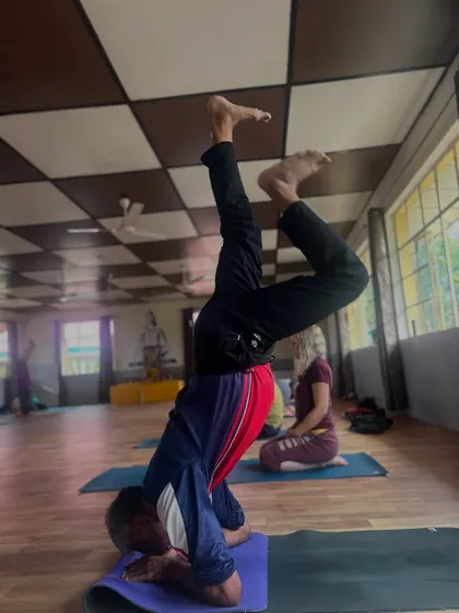 Even our senior teachers are students at heart. Here, Arun Pandala practices Vrischikasana, demonstrating that the journey of a yogi is one of continuous learning and practice.