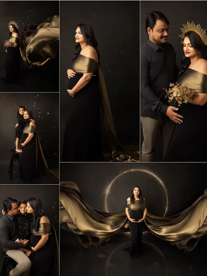 A collage showcasing a glamorous black and gold maternity session. It includes a variety of powerful solo portraits, intimate couple shots, and sweet family moments.