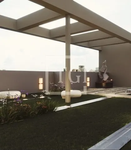 A view of the Goregaon project showing the lawn, pathways, and a pergola, highlighting the use of different textures and levels.