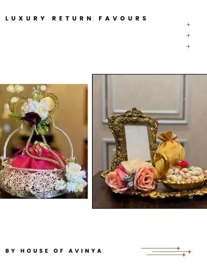 Our luxury return favours are designed to match the heart of your event. This collage shows a silver filigree basket with a potli and a decorative platter with a photo frame, showcasing our range of styles.