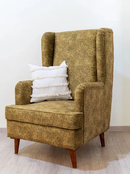 A frontal view of the handsome wingback chair, showcasing its classic high-back silhouette and comfortable seating.