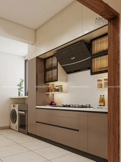 This modular kitchen design incorporates a utility area with a washing machine, showcasing how I integrate everyday appliances seamlessly into the overall aesthetic.