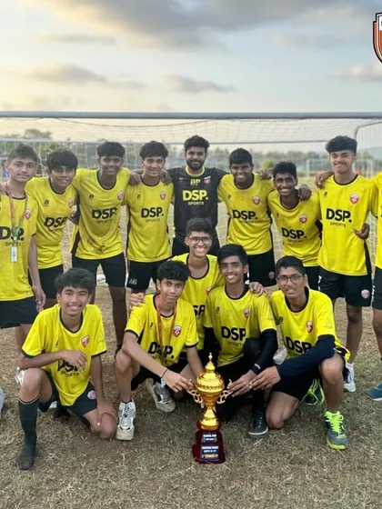 Our U17 champions posing with the trophy in Goa. We travel, we compete, we win.