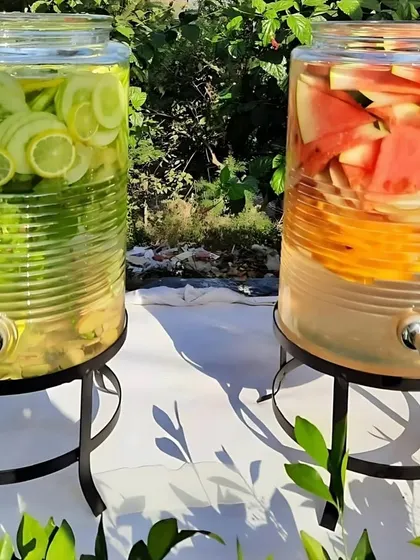 Another view of my infused water dispensers, a simple, elegant, and healthy way to keep guests hydrated throughout your event.