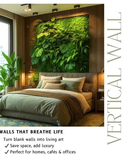 Walls that breathe life into your most personal spaces. A vertical garden in the bedroom creates a tranquil haven, promoting restful sleep by purifying the air and creating a deep connection to nature.