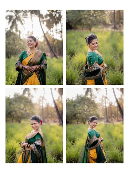 A collage of four portraits of the bride in a sun-drenched field, showcasing her beauty from different angles.