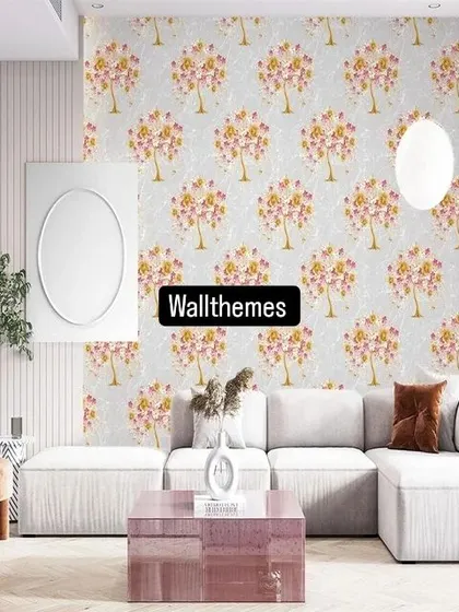 A modern living room mockup featuring a floral tree wallpaper as an accent wall behind a sectional sofa.