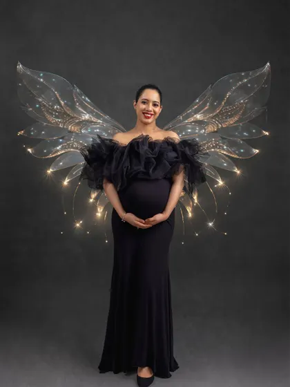 Let's bring your fairytale to life. Using props like these beautiful, light-up fairy wings, I can create whimsical and imaginative maternity portraits that are truly one-of-a-kind.