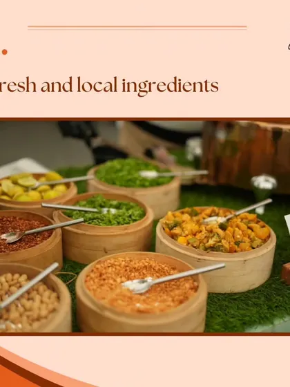 We use fresh and local ingredients in our preparations. This image shows a variety of fresh toppings and condiments in wooden bowls, ready for a live chaat or salad station.