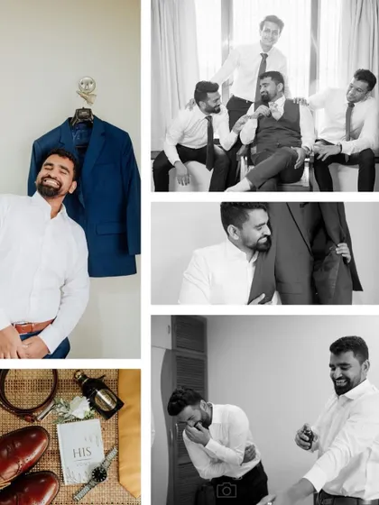 The groom and his groomsmen sharing laughs and getting ready together. This black and white collage captures the fun and camaraderie before the ceremony.