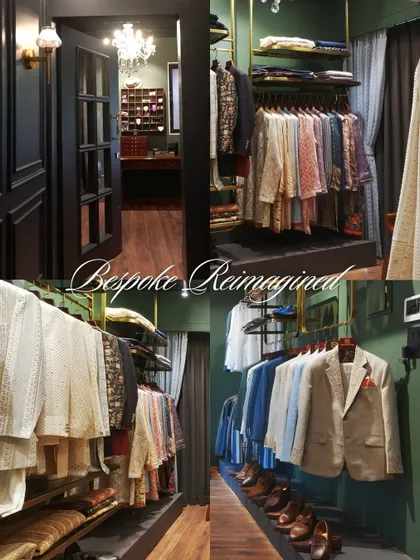 Bespoke reimagined. This collage presents multiple views of our atelier, showcasing the thoughtful design of our space, from the organized racks of clothing to the comfortable consultation areas.