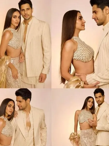 This coordinated look in shades of gold and ivory is pure elegance. I can design a similar set for you and your partner, focusing on texture and modern silhouettes.