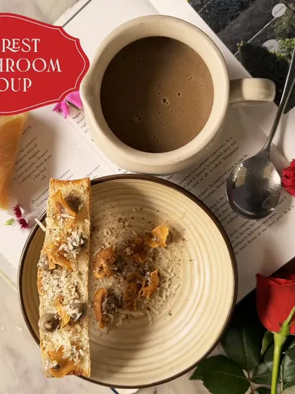 A rich and earthy forest mushroom soup, part of my special Valentine's menu.