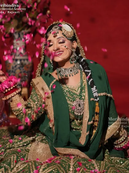 A joyful moment captured with rose petals, where the bride's elegant hairstyle remains perfectly intact.