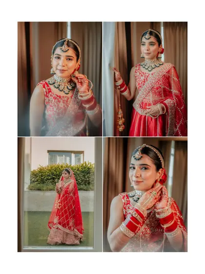 A four-panel collage of the bride, Neha, capturing her from various angles. It highlights her stunning jewelry, her radiant smile, and her complete bridal look.