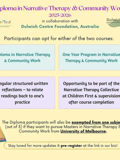 Participants in our Narrative Therapy program can choose between two course options. This visual explains the Diploma and the One Year Program, highlighting the opportunity to join our Narrative Therapy Collective after completion.