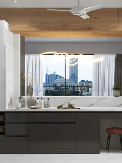 An open-concept kitchen with a large island that doubles as a breakfast counter, overlooking the city skyline. The dark, glossy cabinets create a bold and modern statement.