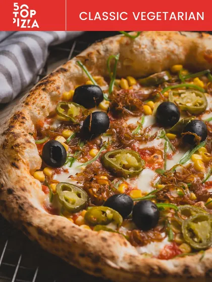 Our Classic Vegetarian pizza, loaded with fresh veggies and recognized by 50 Top Pizza.
