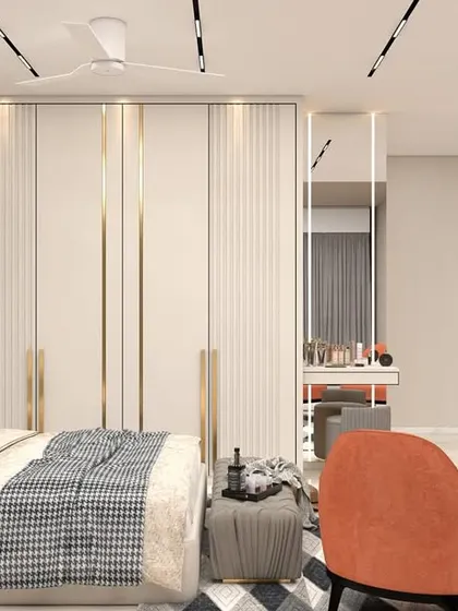 A 3D render of a bedroom with a monochromatic theme. The design features elegant wall paneling, a tufted headboard, and pops of orange from the accent chairs, creating a chic and modern look.