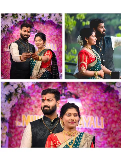 This collage captures key moments from an engagement day. It shows the couple during the ceremony, a candid selfie moment outdoors, and a formal portrait against the beautifully decorated stage.