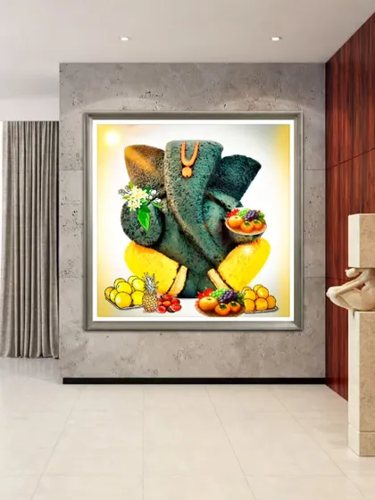 A digital Ganesha painting with a textured, stone-like finish and a cool color palette. This variation gives the artwork a more sculptural and contemporary feel.