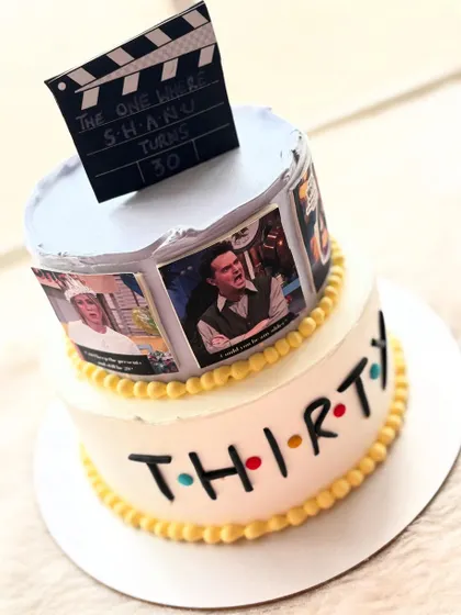 "The One Where Shanu Turns 30." A two-tier F.R.I.E.N.D.S-themed cake, complete with the iconic font and edible pictures of classic scenes from the show.