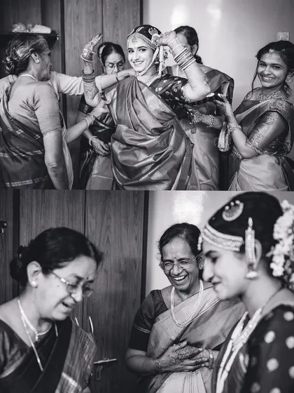 A collage of candid black and white moments showing the bride getting ready with the help of her family.