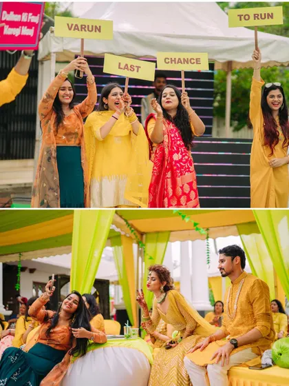 Friends having fun with quirky signs for the groom, adding a humorous and personal touch to the celebration.