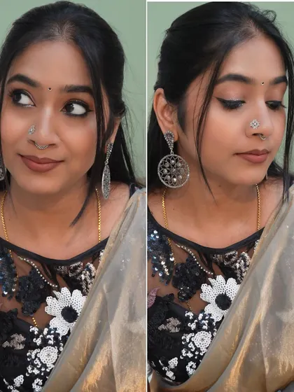 A party look featuring a sequin blouse and oxidized silver earrings. The eye makeup is a sharp cat-eye, perfect for a glamorous evening.