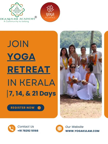 This poster for our Yoga Retreat in Kerala shows a group of students in traditional white attire by the lake, holding coconuts. It captures the cultural and natural elements of our retreats.