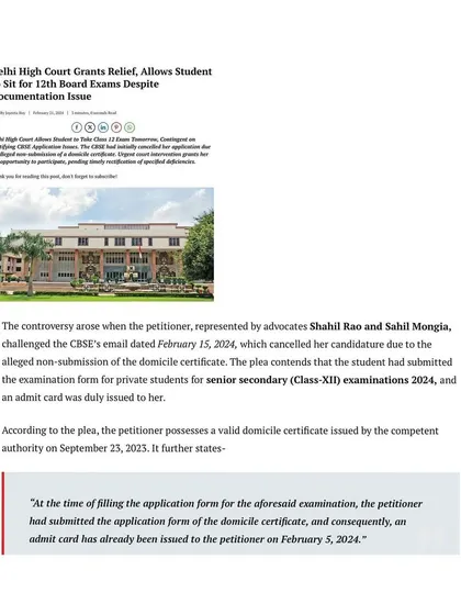 This article details our challenge against the CBSE's cancellation of a student's candidature for the Class 12 board exams over a documentation issue. We argued that since an admit card was issued, the student had a right to appear for the examination.