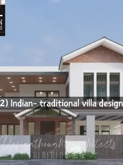 Part of an educational carousel, this image showcases an "Indian-traditional villa design." The house features sloped roofs, a welcoming verandah, and a mix of materials that are characteristic of regional Indian architecture.