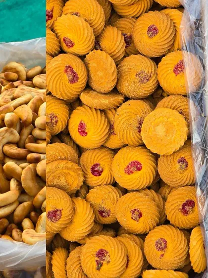 The satisfying crunch of street snacks, this collage features jam-filled biscuits and cashews sold at a local market.