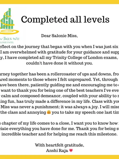 A student who started with us at six years old reflects on her journey to completing all her Trinity exams. Her words about class being a joy, not a punishment, are the highest compliment we could receive.