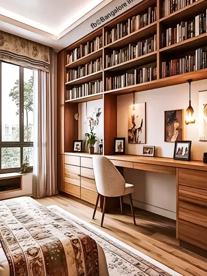 This bedroom design includes a large, integrated study area with a full wall of bookshelves, creating a perfect space for work or reading.
