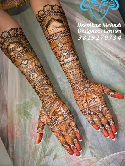 This design is a beautiful blend of various traditional wedding elements. It includes a doli, kalash, and palace architecture, all woven together with intricate patterns.