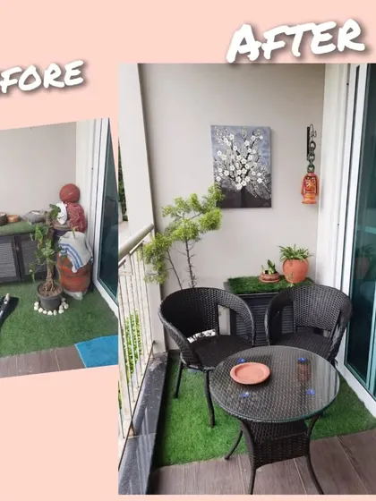 We took this cluttered corner and turned it into a peaceful cafe style seating area. By adding a simple wicker table and chairs, we created a perfect spot for morning coffee.